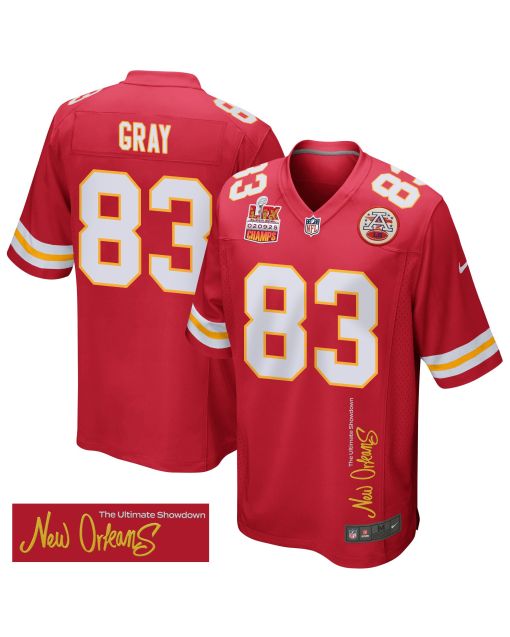 Noah Gray 83 Kansas City Chiefs Super Bowl LIX Champions Patch ‘New Orleans – The Ultimate Showdown’ EMBROIDERED Game Men Jersey – Red