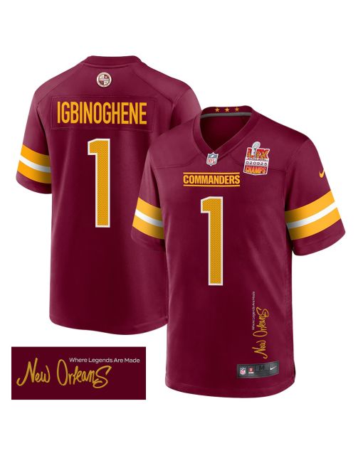 Noah Igbinoghene 1 Washington Commanders Super Bowl LIX Champions Patch ‘New Orleans – Where Legends Are Made’ EMBROIDERED Game Men Jersey – Burgundy
