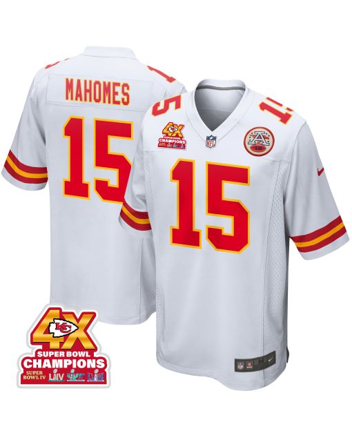 Patrick Mahomes 15 Kansas City Chiefs Super Bowl LVIII Champions 4X Game Men Jersey – White