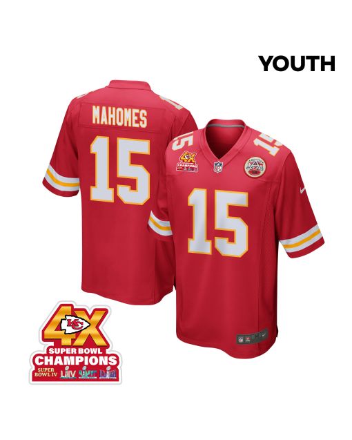 Patrick Mahomes 15 Kansas City Chiefs Super Bowl LVIII Champions 4X Game YOUTH Jersey – Red