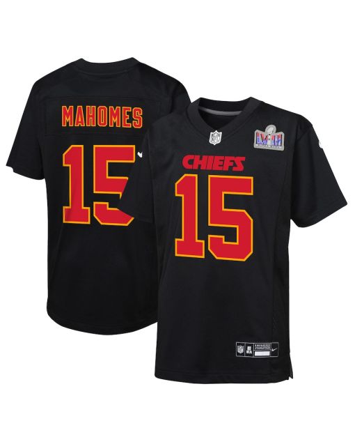 Patrick Mahomes 15 Kansas City Chiefs Super Bowl LVIII Patch Fashion Game YOUTH Jersey – Carbon Black