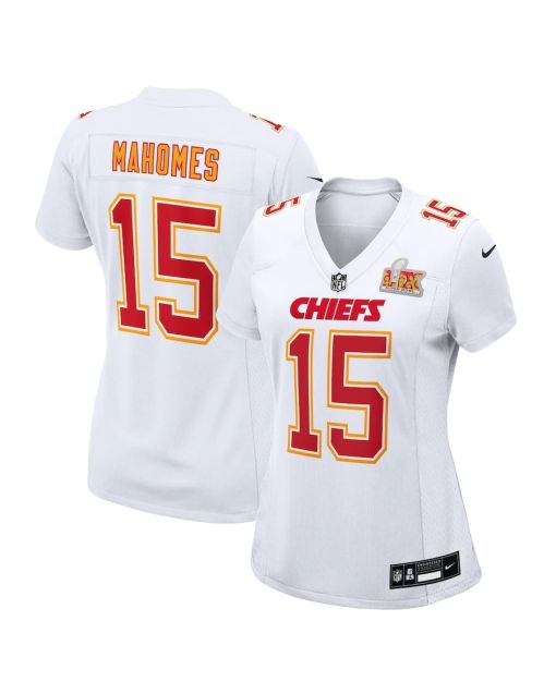 Patrick Mahomes 15 Kansas City Chiefs Women’s Super Bowl LIX Fashion Game Jersey – Tundra White