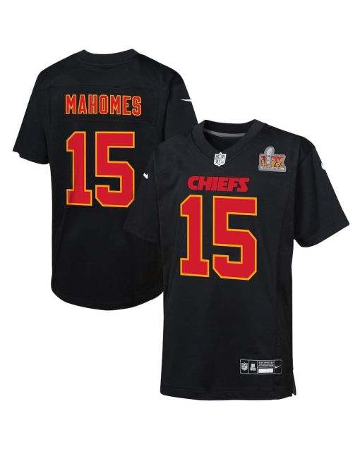 Patrick Mahomes 15 Kansas City Chiefs Youth Super Bowl LIX Patch Fashion Game Jersey – Carbon Black
