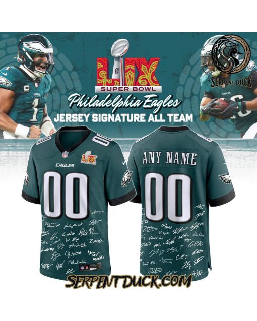 Philadelphia Eagles Champions Super Bowl LIX 2025 Signature All Team Custom Game Men Jersey – Midnight Green