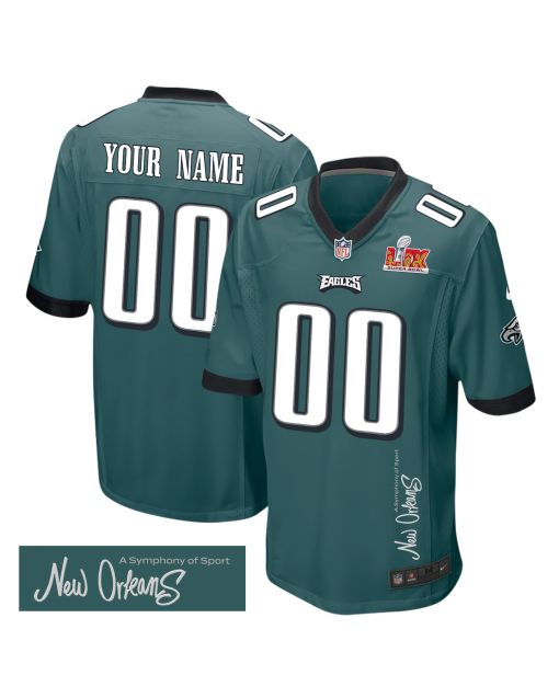 Philadelphia Eagles Super Bowl LIX ‘New Orleans – A Symphony of Sport’ EMBROIDERED Game Men Custom Jersey – Midnight Green