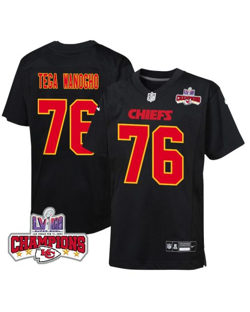 Prince Tega Wanogho 76 Kansas City Chiefs Super Bowl LVIII Champions 4 Stars Patch Fashion Game YOUTH Jersey – Carbon Black