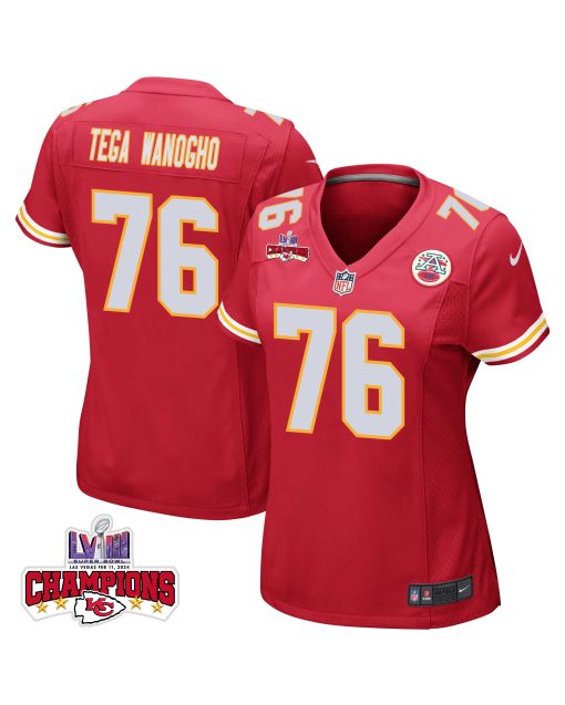 Prince Tega Wanogho 76 Kansas City Chiefs Super Bowl LVIII Champions 4 Stars Patch Game Women Jersey – Red