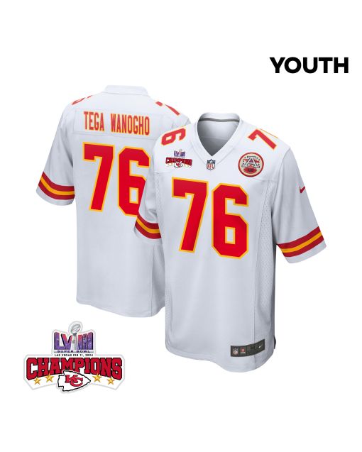 Prince Tega Wanogho 76 Kansas City Chiefs Super Bowl LVIII Champions 4 Stars Patch Game YOUTH Jersey – White