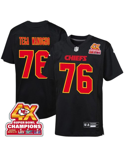 Prince Tega Wanogho 76 Kansas City Chiefs Super Bowl LVIII Champions 4X Fashion Game YOUTH Jersey – Carbon Black