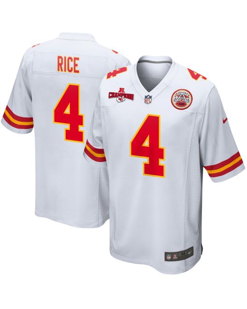 Rashee Rice 4 Kansas City Chiefs AFC Champions Patch Game Men Jersey – White