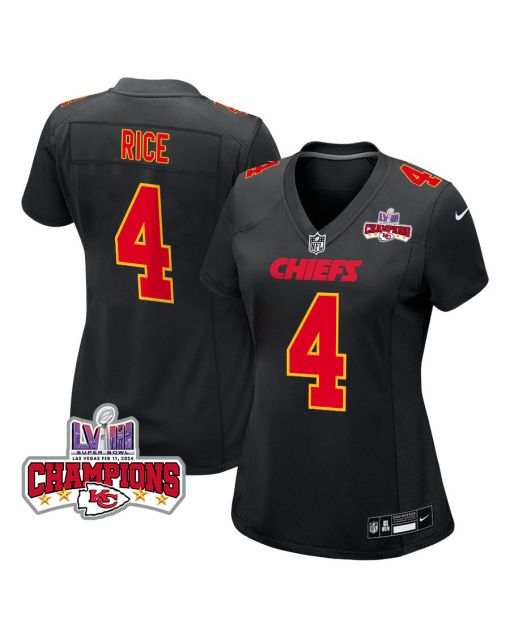 Rashee Rice 4 Kansas City Chiefs Super Bowl LVIII Champions 4 Stars Patch Fashion Game Women Jersey – Carbon Black