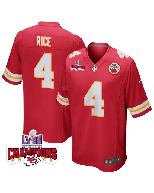 Rashee Rice 4 Kansas City Chiefs Super Bowl LVIII Champions 4 Stars Patch Game Men Jersey – Red