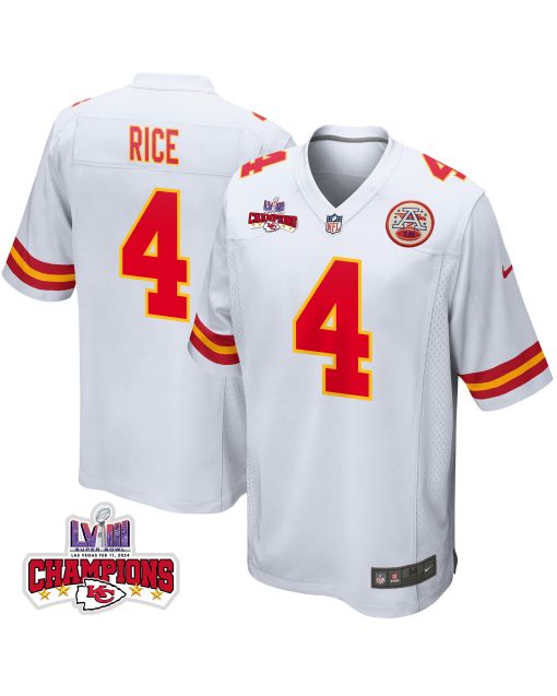 Rashee Rice 4 Kansas City Chiefs Super Bowl LVIII Champions 4 Stars Patch Game Men Jersey – White