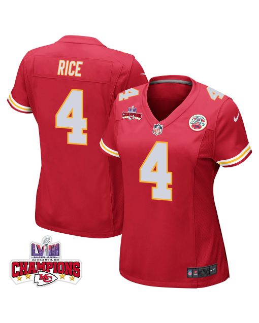 Rashee Rice 4 Kansas City Chiefs Super Bowl LVIII Champions 4 Stars Patch Game Women Jersey – Red