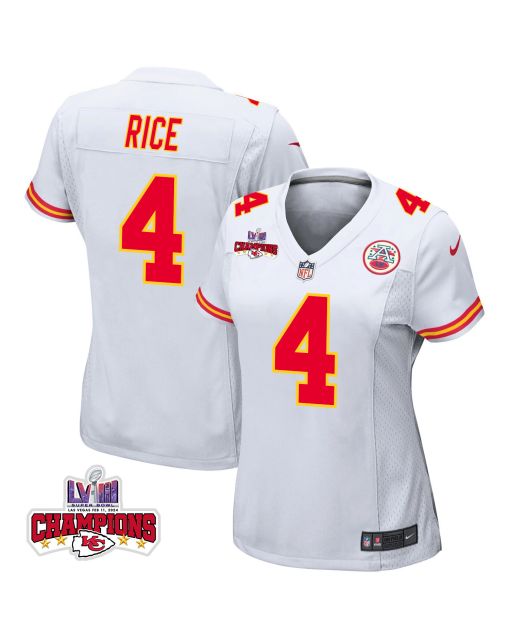Rashee Rice 4 Kansas City Chiefs Super Bowl LVIII Champions 4 Stars Patch Game Women Jersey – White