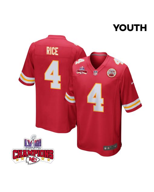 Rashee Rice 4 Kansas City Chiefs Super Bowl LVIII Champions 4 Stars Patch Game YOUTH Jersey – Red