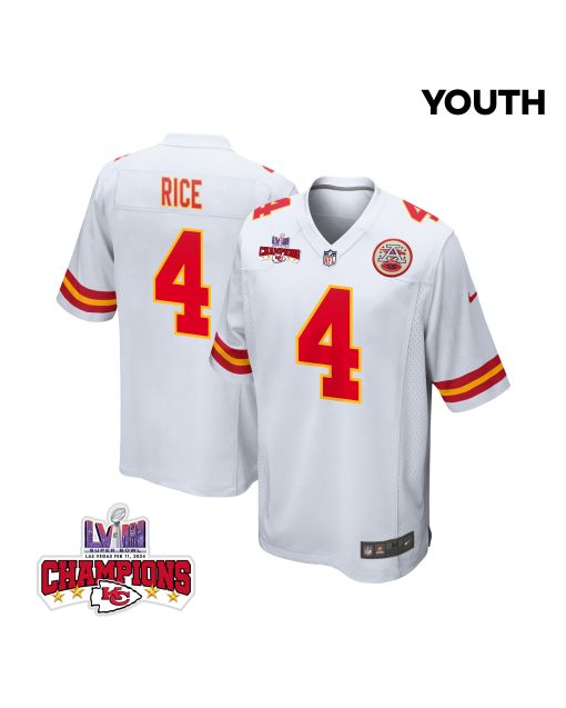 Rashee Rice 4 Kansas City Chiefs Super Bowl LVIII Champions 4 Stars Patch Game YOUTH Jersey – White