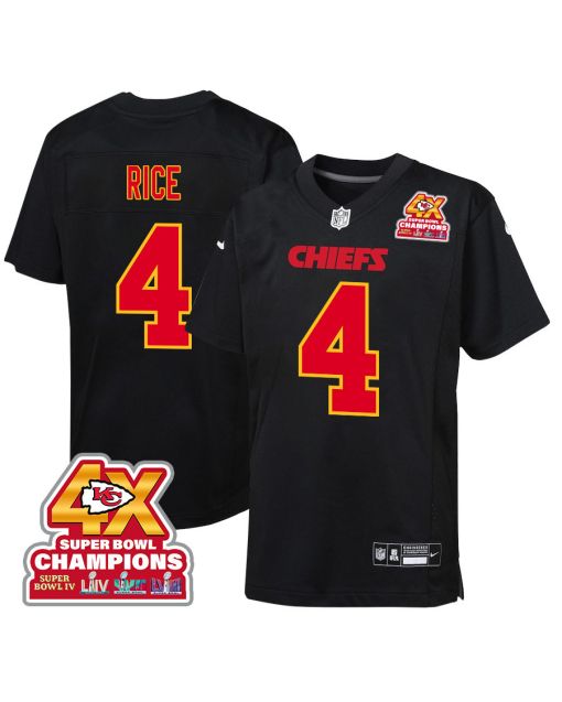 Rashee Rice 4 Kansas City Chiefs Super Bowl LVIII Champions 4X Fashion Game YOUTH Jersey – Carbon Black