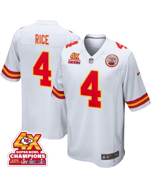 Rashee Rice 4 Kansas City Chiefs Super Bowl LVIII Champions 4X Game Men Jersey – White