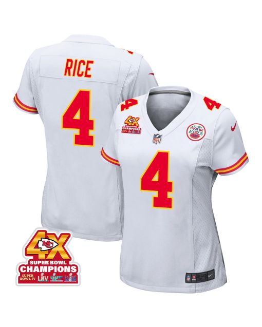 Rashee Rice 4 Kansas City Chiefs Super Bowl LVIII Champions 4X Game Women Jersey – White