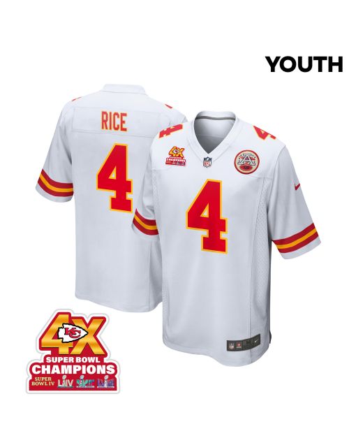 Rashee Rice 4 Kansas City Chiefs Super Bowl LVIII Champions 4X Game YOUTH Jersey – White