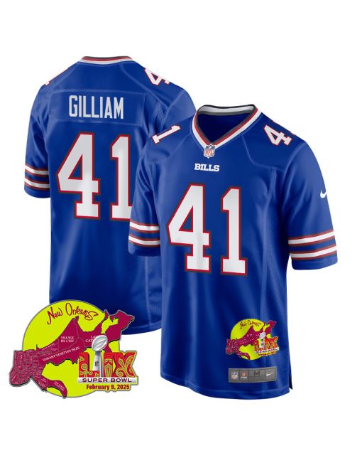 Reggie Gilliam 41 Buffalo Bills Super Bowl LIX New Orleans Patch Game Men Jersey – Royal