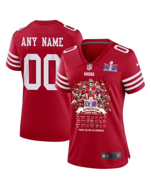 San Francisco 49ers Super Bowl LVIII Thanks For Memories Game Custom Women Jersey – Scarlet