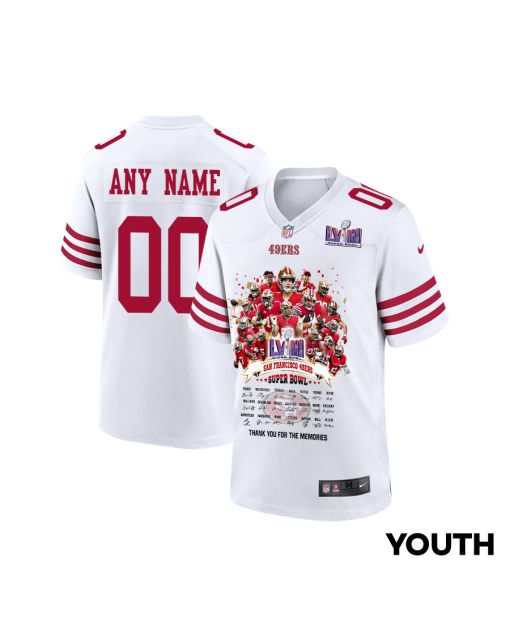 San Francisco 49ers Super Bowl LVIII Thanks For Memories Game Custom YOUTH Jersey – White