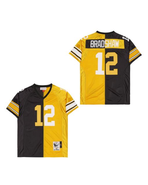 Terry Bradshaw 12 Pittsburgh Steelers Two-Toned Retro Throwback Men Jersey – Black/Yellow