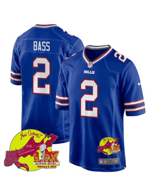 Tyler Bass 2 Buffalo Bills Super Bowl LIX New Orleans Patch Game Men Jersey – Royal