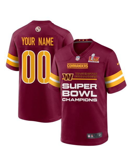 Washington Commanders Super Bowl LIX Champions Straight Text Game Men Custom Jersey – Burgundy