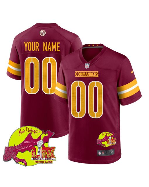 Washington Commanders Super Bowl LIX New Orleans Patch Game Men Custom Jersey – Burgundy