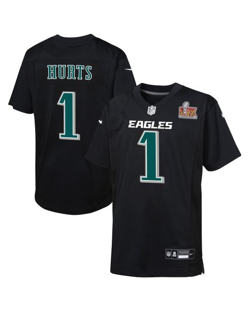 Youth Philadelphia Eagles Jalen Hurts Carbon Black Super Bowl LIX Patch Fashion Game Player Jersey