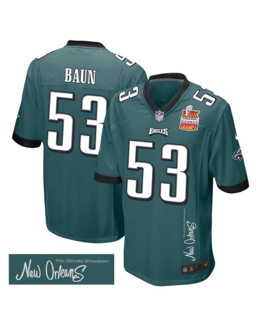Zack Baun 53 Philadelphia Eagles Super Bowl LIX Champions Patch ‘New Orleans – The Ultimate Showdown’ EMBROIDERED Game Men Jersey – Midnight Green
