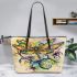 Abstract dragonfly with swirls and flowers leather tote bag