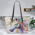 Abstract painting of a white horse leather tote bag