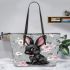 Adorable black rabbit with pink ears leather tote bag