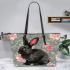 Adorable black rabbit with pink ears leather tote bag