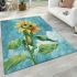 Adorable cartoon frog hanging onto the stem of a sunflower in full bloom area rugs carpet