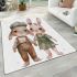 Adorable happy baby bunny couple in green area rugs carpet