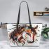 American indian horse with head feathers leather tote bag