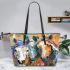 An acrylic painting of three horses close up leather tote bag