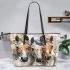 An impressionist painting of three horses leather tote bag