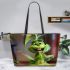 baby grinchy smile and dancing dogs are Leather Tote Bag