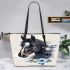 Beautiful black horse head with a white rose leather tote bag