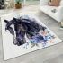 Beautiful black horse head with a white rose area rugs carpet