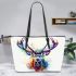 Beautiful deer portrait watercolor splatter leather totee bag