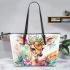 Beautiful deer with colorful flowers and leaves leather totee bag