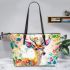 Beautiful deer with colorful flowers and leaves leather totee bag