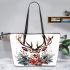 Beautiful realistic deer with flowers and christmas elements leather totee bag